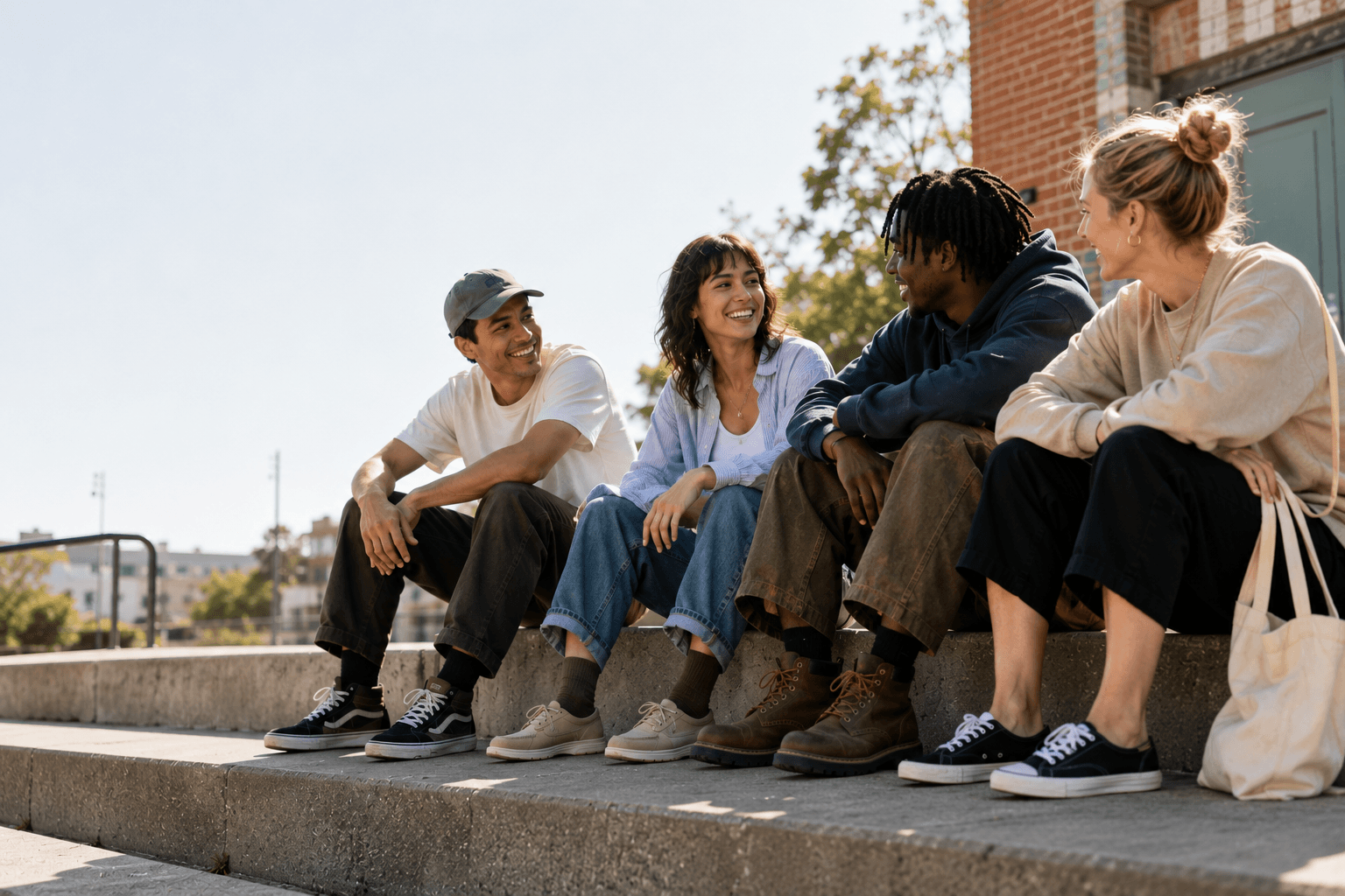 A group of friends sitting together outdoors wearing different shoes